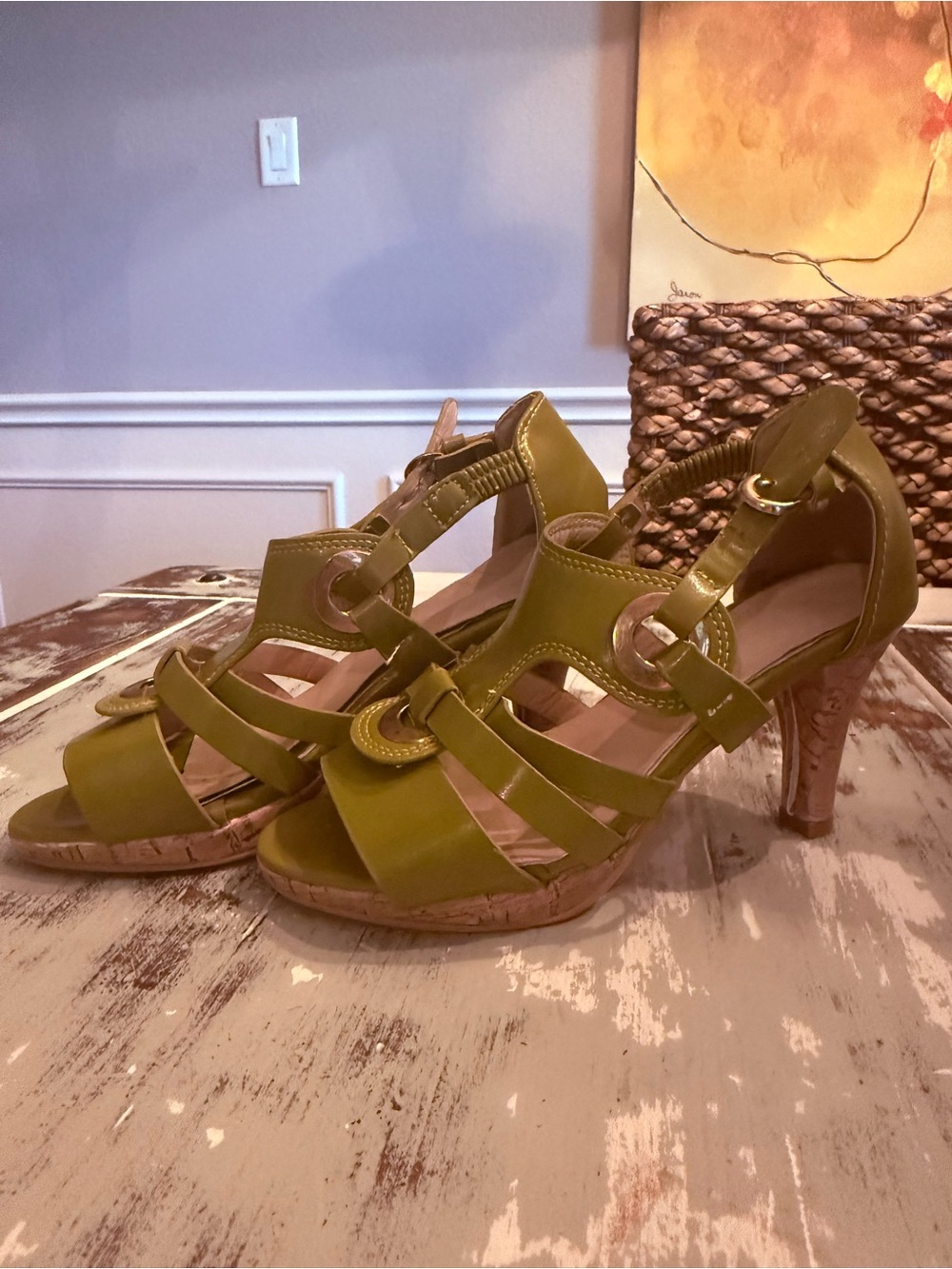 Women’s Green Leather Cork Heel Sandals